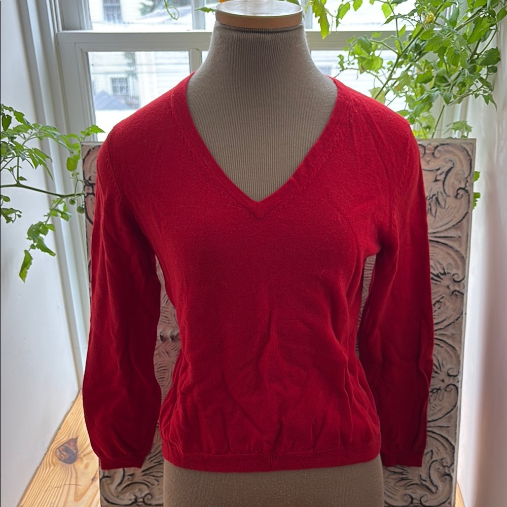 Red V-Neck Women's Merino Wool Sweater